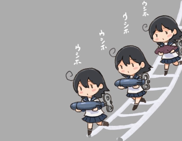 3girls ahoge black_hair black_legwear blue_sailor_collar blue_skirt commentary_request food full_body grey_background kantai_collection kneehighs ladder long_hair multiple_girls multiple_persona otoufu pleated_skirt sailor_collar school_uniform serafuku simple_background skirt sweet_potato torpedo translation_request ushio_(kantai_collection)