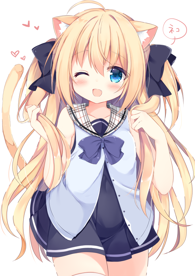 1girl ;d animal_ears bangs bare_arms bare_shoulders black_bow black_dress blonde_hair blue_bow blue_eyes blue_shirt blush bow cat_ears cat_girl cat_tail collarbone commentary_request covered_navel cowboy_shot dress eyebrows_visible_through_hair fang hair_between_eyes hair_bow hand_up holding holding_hair kujou_danbo long_hair looking_at_viewer one_eye_closed open_mouth original plaid plaid_sailor_collar pleated_dress sailor_collar shirt simple_background sleeveless sleeveless_dress sleeveless_shirt smile solo tail tail_raised thigh-highs two_side_up very_long_hair white_background white_legwear white_sailor_collar