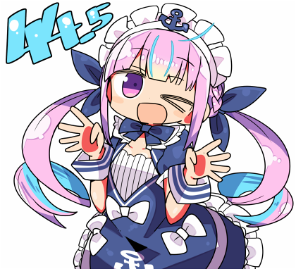 &gt;_o 1girl ;d anchor anchor_symbol bangs blue_bow blue_dress blue_hair blue_ribbon bow commentary_request dress eyebrows_visible_through_hair frilled_dress frills hair_ribbon hands_up hololive kanikama long_hair lowres maid_headdress minato_aqua multicolored_hair one_eye_closed open_mouth puffy_short_sleeves puffy_sleeves purple_hair ribbon ringlets short_sleeves simple_background smile solo twintails two-tone_hair very_long_hair violet_eyes virtual_youtuber white_background white_bow wrist_cuffs