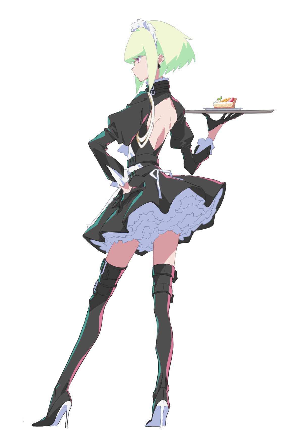 1boy back black_gloves black_jacket blonde_hair cravat crossdressinging frilled_skirt frills gloves green_hair half_gloves hand_on_hip high_heels highres jacket light_oooo lio_fotia male_focus otoko_no_ko promare ribbon short_hair skirt solo thigh-highs tray violet_eyes