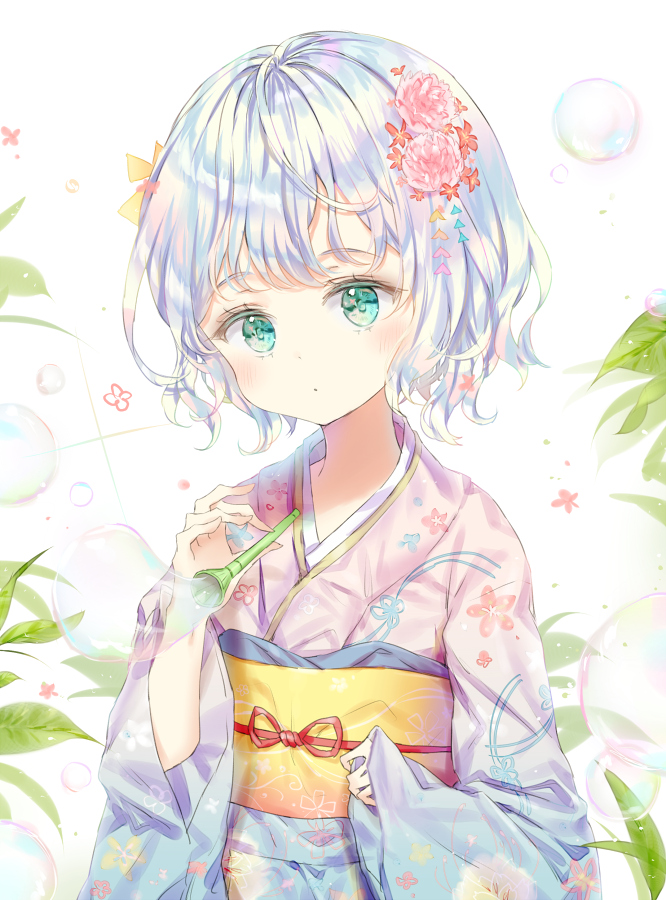 1girl bangs blue_kimono blush bubble_blowing closed_mouth commentary_request eyebrows_visible_through_hair flower gradient gradient_kimono green_eyes hair_flower hair_ornament japanese_clothes kimono long_sleeves looking_at_viewer obi original pink_flower pink_kimono qlakwnd sash short_hair silver_hair sleeves_past_wrists solo upper_body white_background wide_sleeves