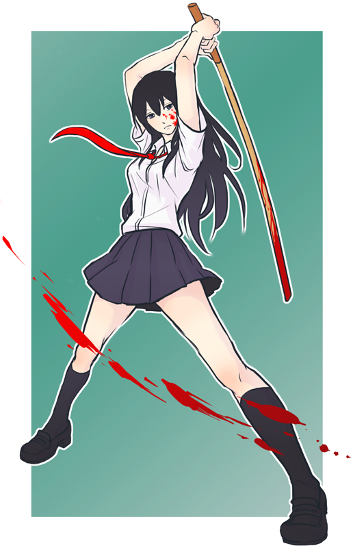 1girl arms_up bangs beelzebub_(manga) black_footwear black_legwear blood blood_on_face bloody_weapon blue_skirt bokken breasts closed_mouth dress_shirt full_body green_background hair_between_eyes holding holding_sword holding_weapon karashitakana_(tnk) kneehighs kunieda_aoi legs_apart loafers long_hair looking_at_viewer medium_breasts necktie pleated_skirt red_neckwear school_uniform shirt shirt_tucked_in shoes short_sleeves skirt socks standing sword thighs two-tone_background weapon white_background white_shirt wing_collar wooden_sword