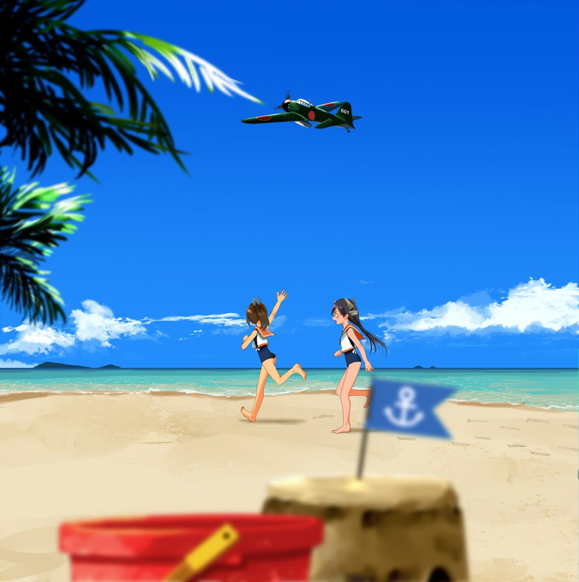 2girls aircraft aircraft_request airplane anchor_symbol annin_musou barefoot beach black_hair blue_sky blue_swimsuit blurry brown_eyes brown_hair bucket clouds commentary_request day depth_of_field flag hair_ornament hairclip headgear highres i-400_(kantai_collection) i-401_(kantai_collection) kantai_collection long_hair multiple_girls open_mouth orange_sailor_collar outdoors palm_tree ponytail running sailor_collar sand_castle sand_sculpture scenery school_swimsuit shirt short_hair short_ponytail sky sleeveless sleeveless_shirt swimsuit tan tree waving