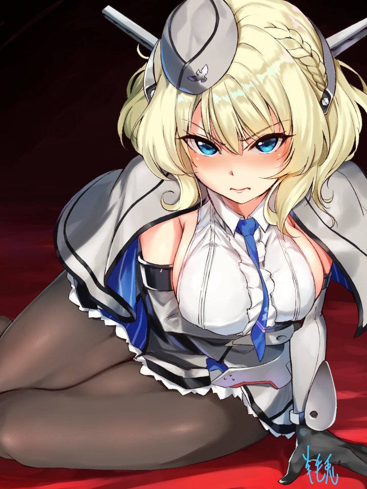 1girl arm_support arm_under_breasts blonde_hair blue_eyes blue_neckwear blush braid breasts capelet closed_mouth colorado_(kantai_collection) elbow_gloves embarrassed french_braid frilled_skirt frills garrison_cap gloves grey_gloves grey_headwear hat headgear kantai_collection large_breasts looking_at_viewer lying neckwear_between_breasts on_side pantyhose short_hair sideboob signature skirt solo youmou_usagi