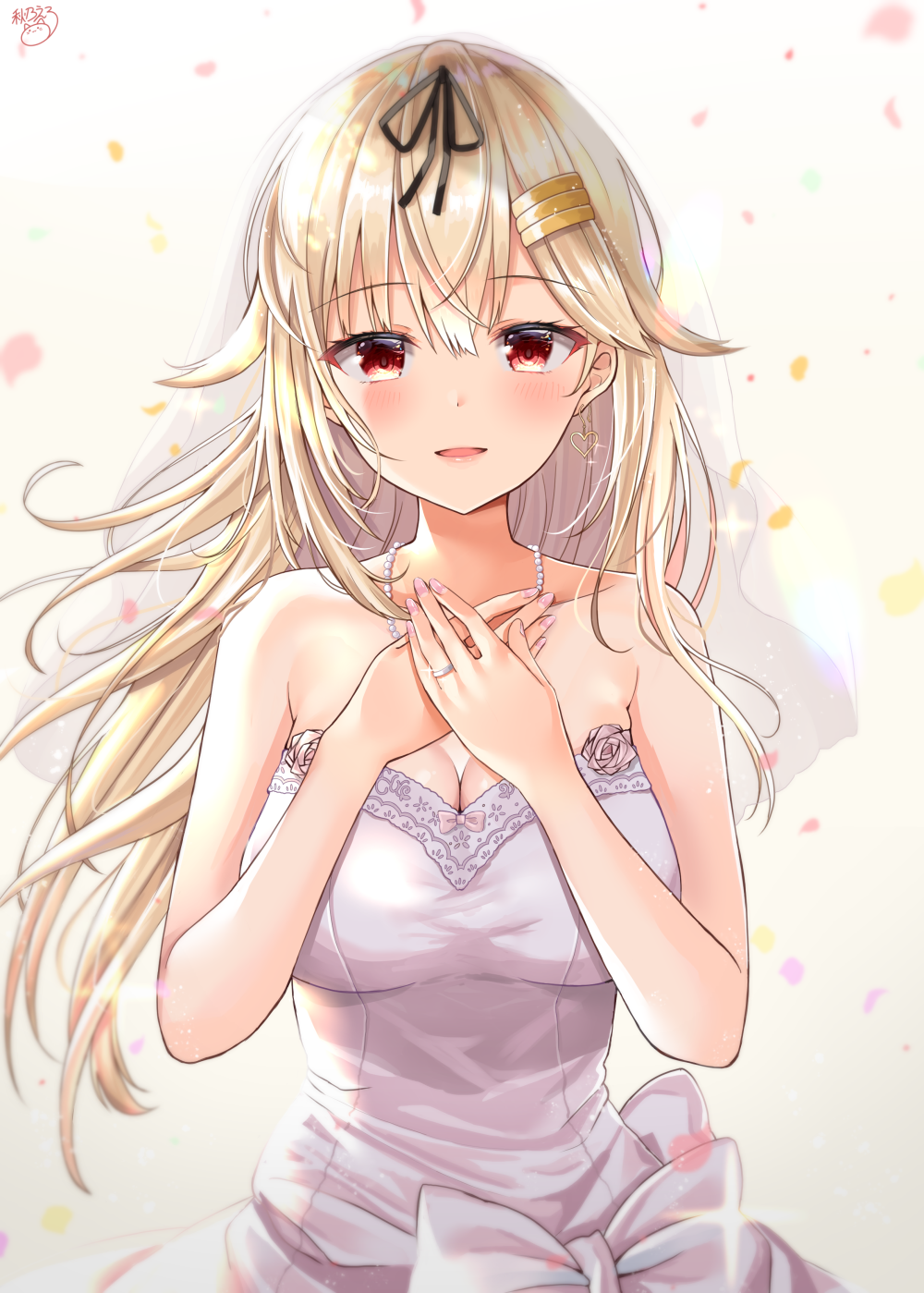 1girl :d black_ribbon blonde_hair blush breasts bride dress earrings glint hair_flaps hair_ornament hair_ribbon hairclip hands_together heart heart_earrings highres jewelry kantai_collection long_hair looking_at_viewer messy_hair necklace noeru_(gt17854) open_mouth pearl_necklace petals pink_dress red_eyes remodel_(kantai_collection) ribbon ring simple_background smile solo strapless strapless_dress wedding_band yuudachi_(kantai_collection)