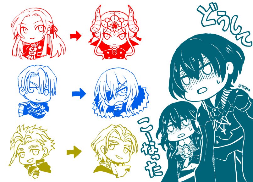 2girls 3boys armor byleth byleth_(female) byleth_(male) cape claude_von_regan_(fire_emblem) closed_mouth crown dimitri_alexandre_bladud_(fire_emblem) double_bun earrings edelgard_von_hresvelgr_(fire_emblem) eyepatch fire_emblem fire_emblem:_three_houses hair_ornament hair_ribbon headpiece jewelry long_hair multiple_boys multiple_girls older open_mouth ribbon short_hair simple_background smile t0toya twitter_username white_background