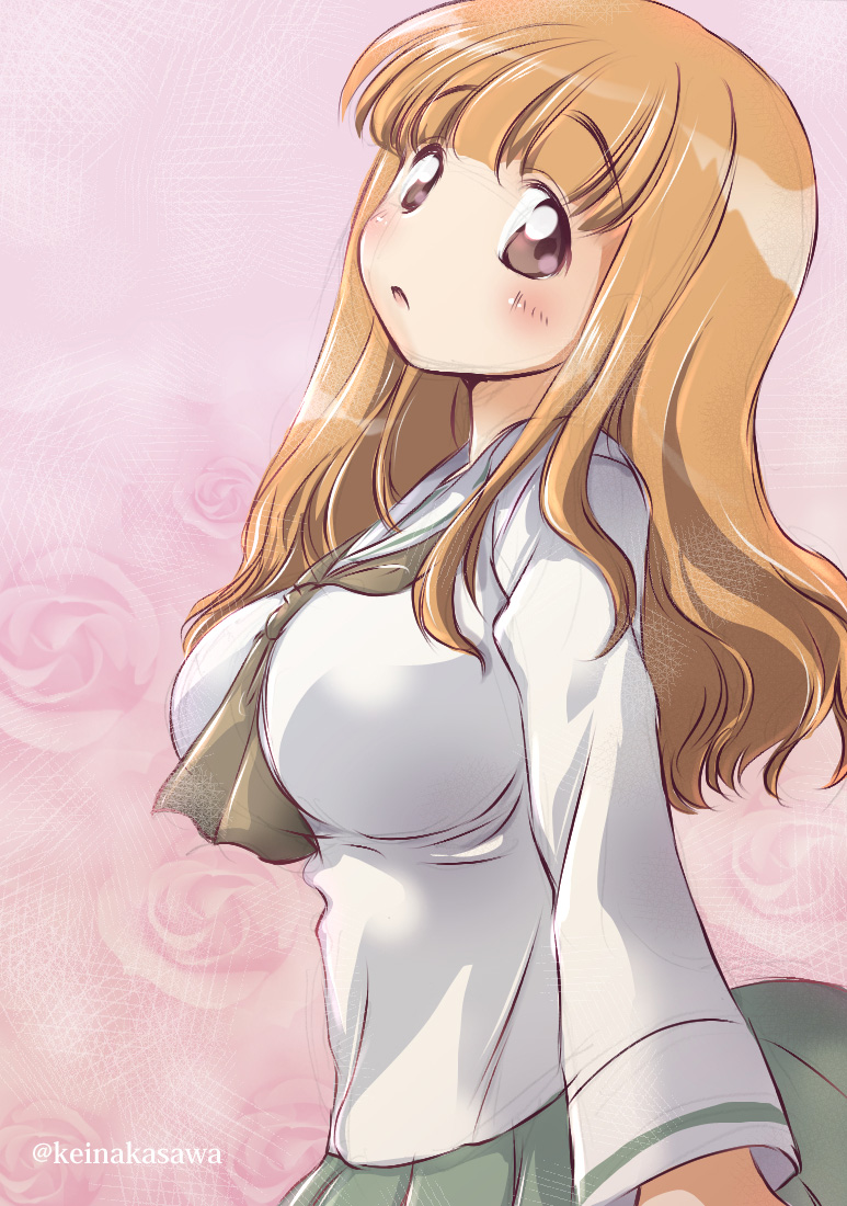 1girl bangs black_neckwear blouse blunt_bangs breasts commentary floral_background from_side girls_und_panzer green_skirt head_tilt large_breasts light_blush long_hair long_sleeves looking_at_viewer nakasawa_kei neckerchief ooarai_school_uniform open_mouth orange_eyes orange_hair pink_background pleated_skirt school_uniform serafuku skirt solo standing takebe_saori twitter_username upper_body white_blouse