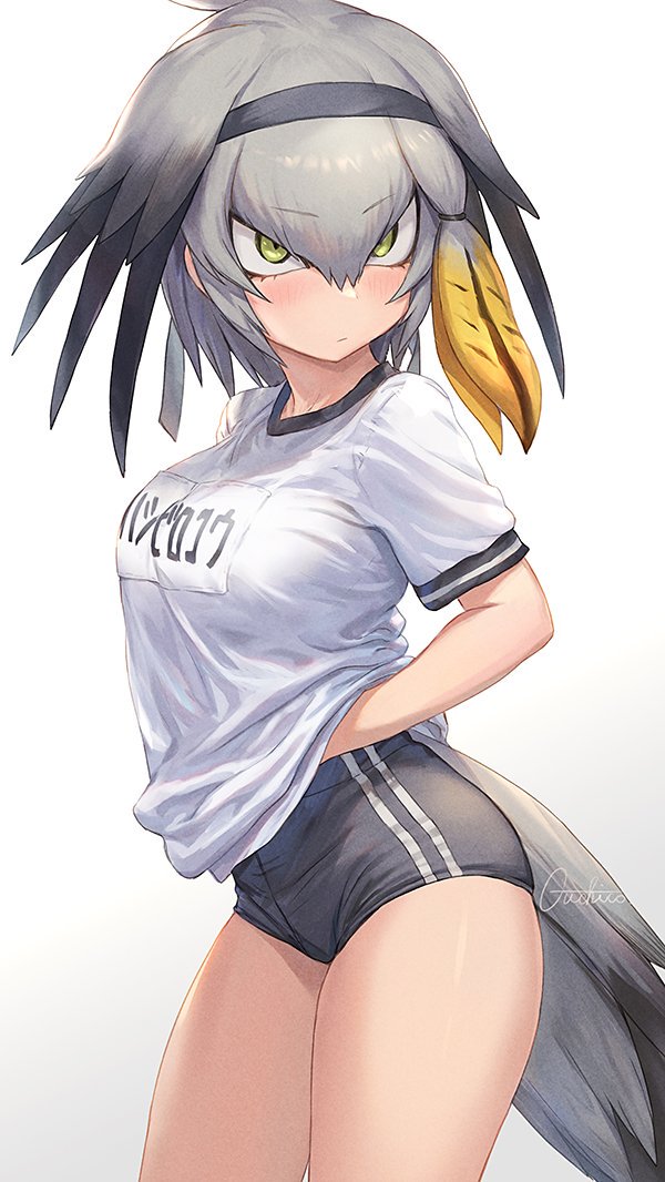 1girl bird_tail black_hair blonde_hair blush breasts commentary_request cowboy_shot eyebrows_visible_through_hair green_eyes green_hair guchico gym_uniform hair_between_eyes hairband kemono_friends multicolored_hair shirt shoebill_(kemono_friends) short_hair short_sleeves solo white_shirt