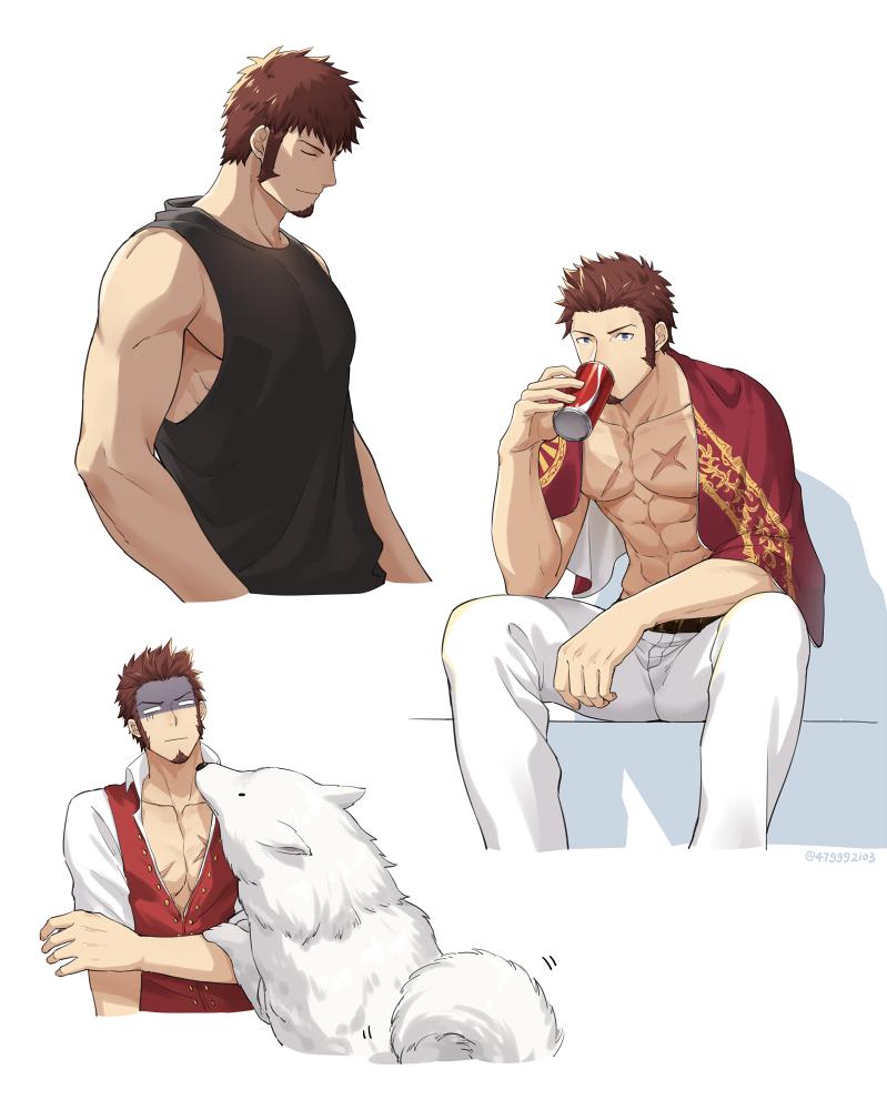 1boy 47_(479992103) abs beard blue_eyes brown_hair casual chest closed_eyes collage commentary_request cup dog drink facial_hair fate/grand_order fate_(series) from_side looking_at_viewer male_focus muscle napoleon_bonaparte_(fate/grand_order) open_clothes open_mouth pants scar simple_background sitting smile solo white_background