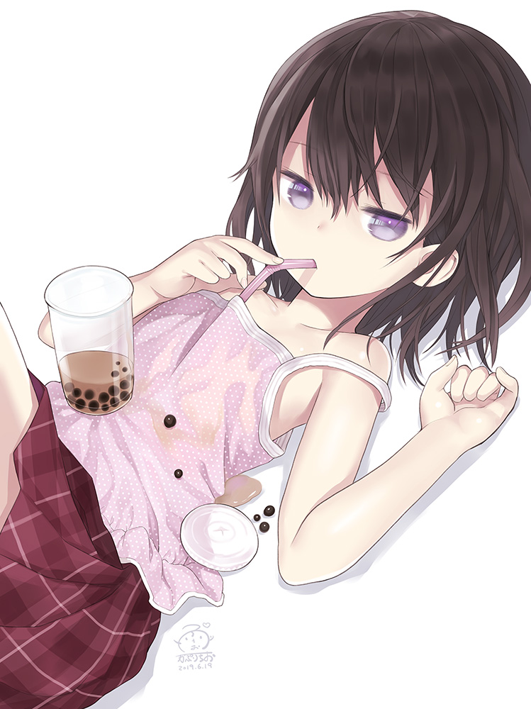 1girl bangs bare_arms bare_shoulders bendy_straw brown_hair bubble_tea bubble_tea_challenge camisole capriccio closed_mouth commentary_request cup dated disposable_cup drinking_straw eyebrows_visible_through_hair fingernails hair_between_eyes hands_up looking_at_viewer lying on_back original pink_camisole plaid plaid_skirt pleated_skirt polka_dot_camisole red_skirt shadow signature skirt solo violet_eyes white_background