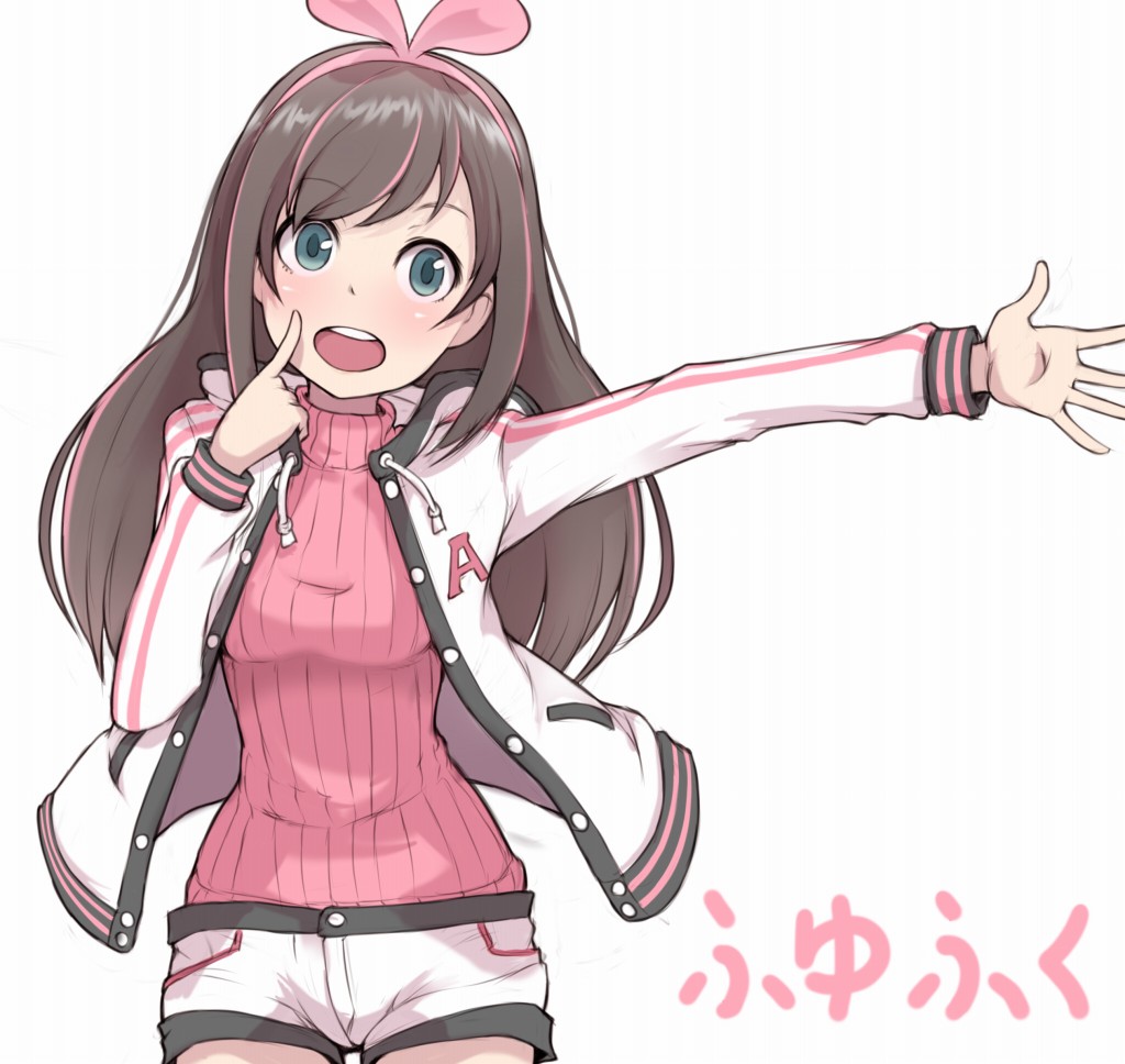 1girl a.i._channel blush eyebrows_visible_through_hair finger_to_face green_eyes hairband ina_(gokihoihoi) index_finger_raised kizuna_ai long_sleeves looking_at_viewer open_mouth outstretched_arm short_shorts shorts smile solo sweater translated turtleneck turtleneck_sweater upper_body upper_teeth virtual_youtuber