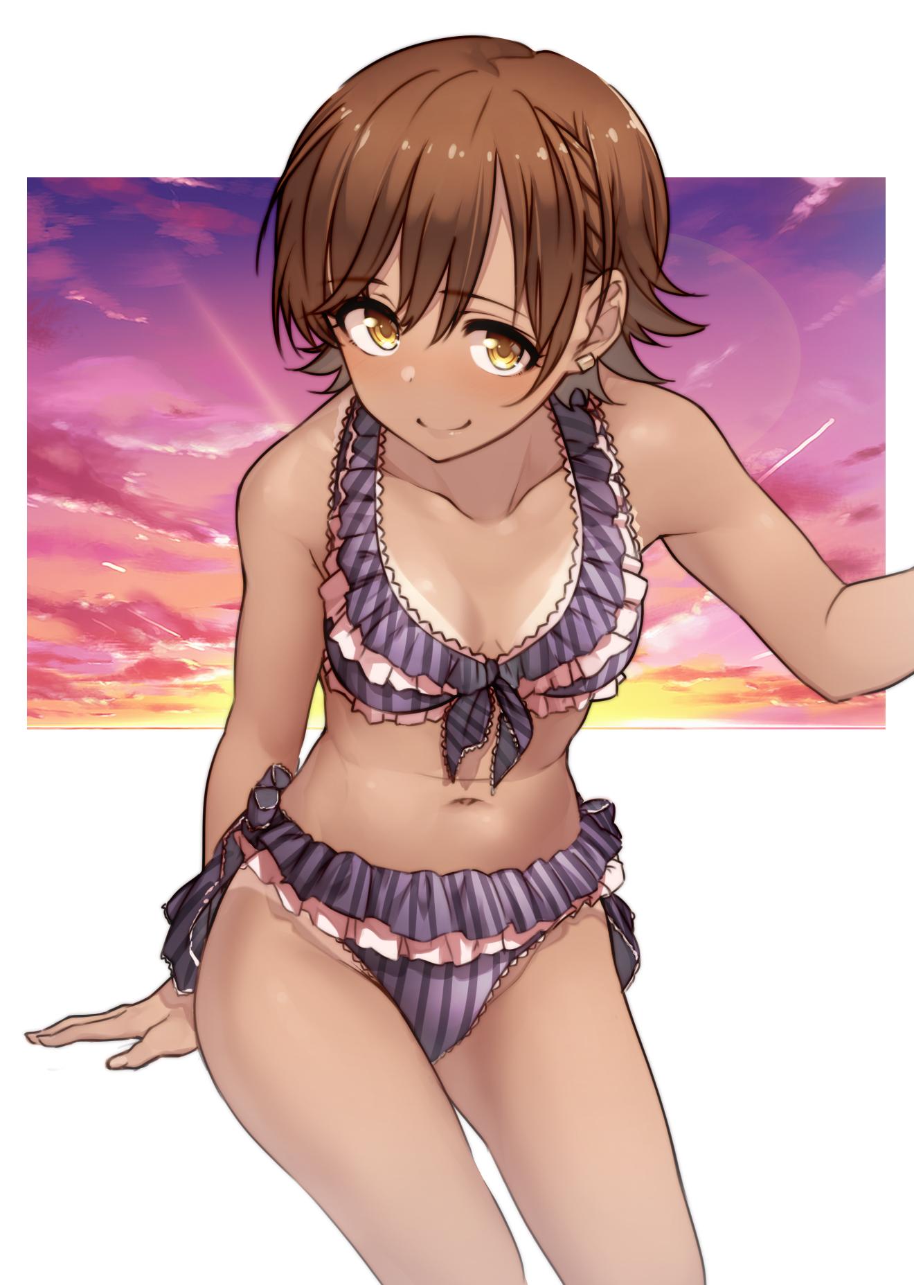 1girl bikini black_bikini breasts brown_eyes brown_hair clouds collarbone cowboy_shot eyebrows_visible_through_hair frilled_bikini frills front-tie_top gradient_sky highres honda_mio idolmaster idolmaster_cinderella_girls kakaobataa looking_at_viewer navel orange_sky purple_sky short_hair side-tie_bikini sky small_breasts smile solo striped striped_bikini sunset swimsuit tan tanline