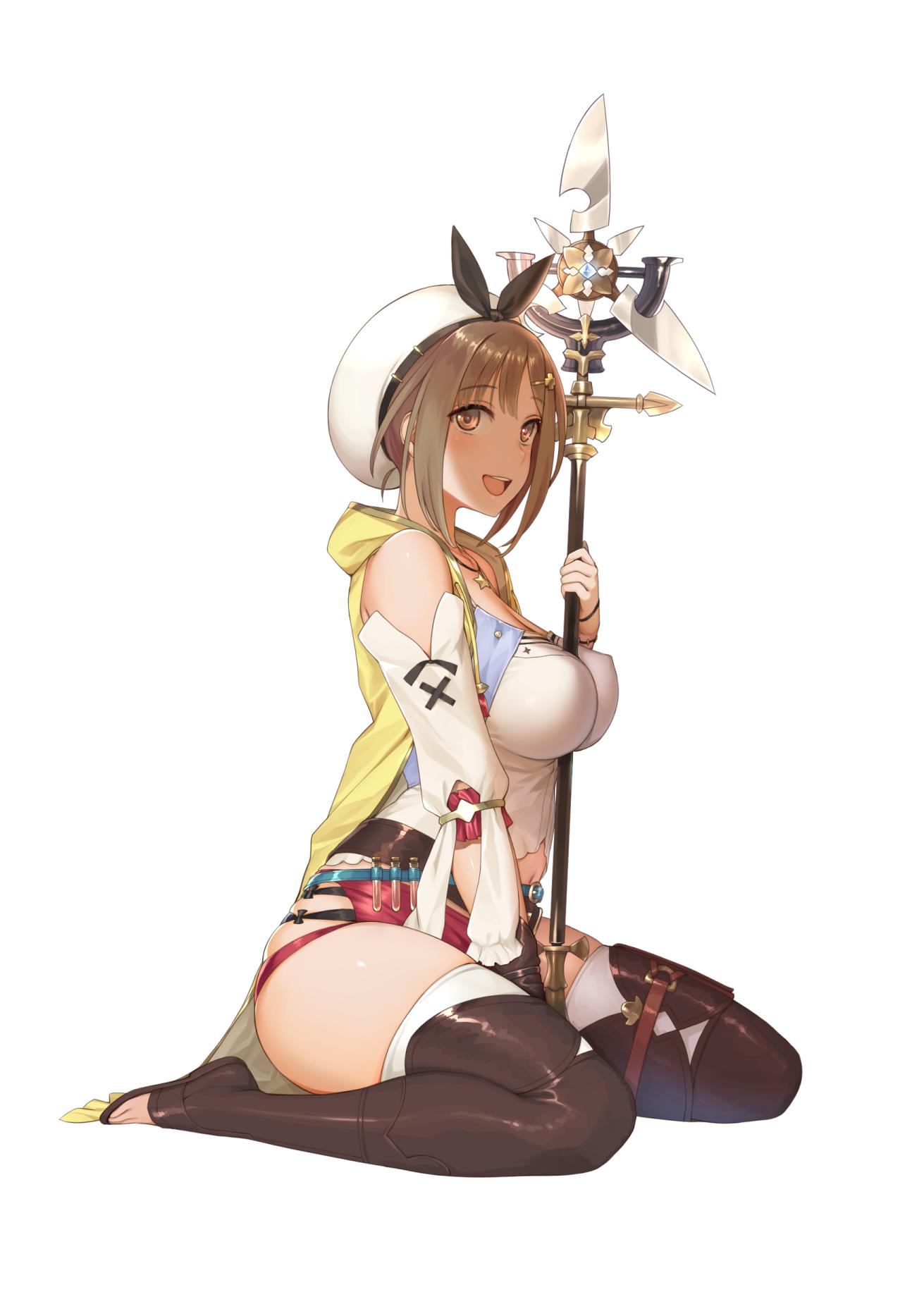 1girl atelier_(series) atelier_ryza bangs bare_shoulders belt beret between_breasts boots breasts brown_eyes brown_gloves brown_hair commentary_request covered_nipples eyebrows_visible_through_hair full_body gloves hair_ornament hairclip hat highres jewelry large_breasts looking_at_viewer midriff midriff_peek navel necklace open_mouth red_shorts reisalin_stout shiny shiny_hair shiny_skin shorts sidelocks simple_background single_glove sitting smile solo staff star star_necklace test_tube thigh-highs thigh_boots thighs toeless_boots white_legwear yuzuriha_(active_homing)