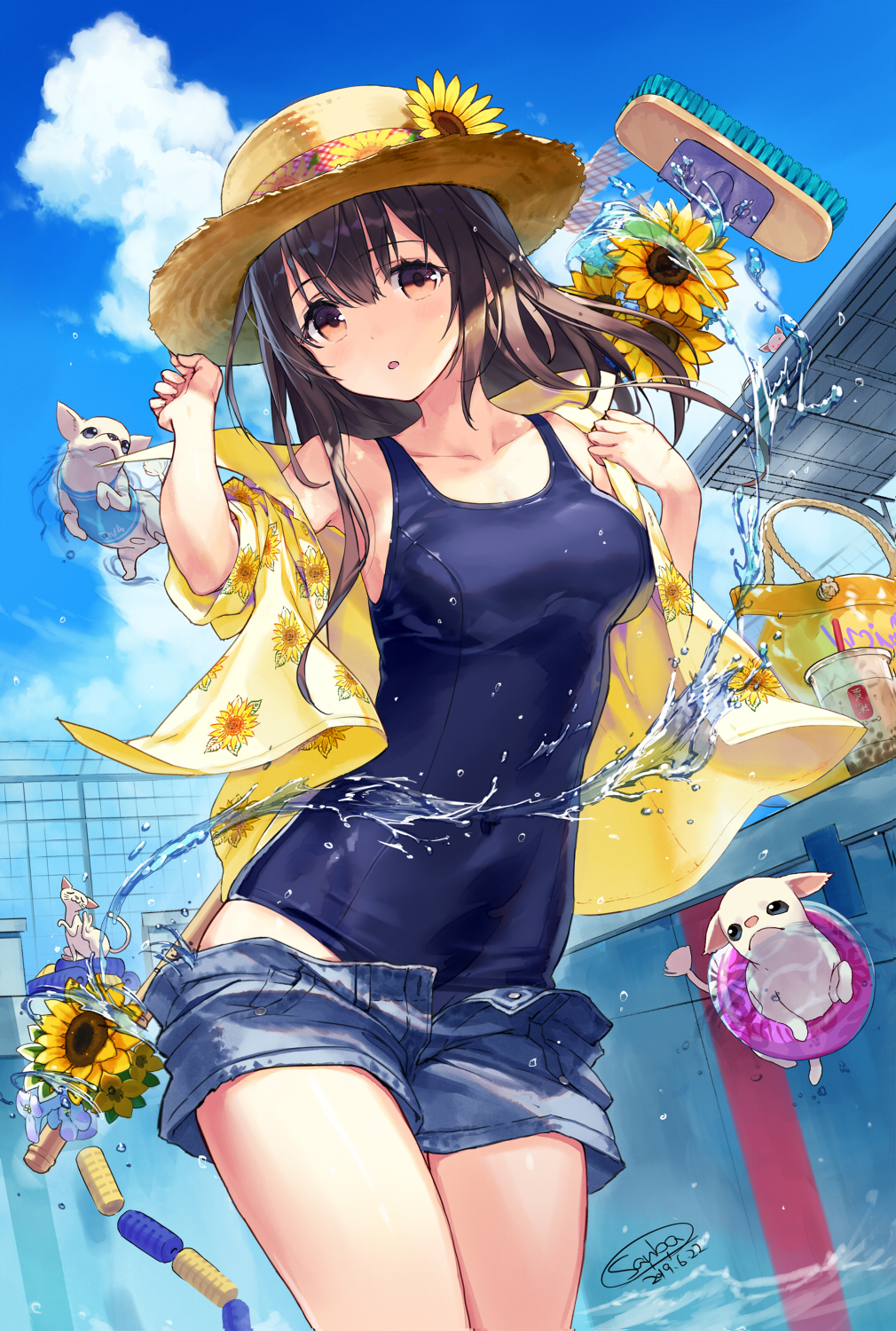 1girl :o animal armpits bag bare_shoulders blue_sky blue_swimsuit breasts brown_eyes brown_hair bubble_tea chihuahua clouds collarbone commentary_request covered_navel cowboy_shot cup dated day denim denim_shorts disposable_cup dog floral_print flower hand_up hat hat_flower highres innertube long_hair looking_at_viewer medium_breasts mop off_shoulder one-piece_swimsuit open_clothes open_fly open_shirt original outdoors parted_lips sanbasou school_swimsuit shirt short_shorts shorts sidelocks signature sky solo standing straw_hat sunflower swimsuit swimsuit_under_clothes thighs water yellow_flower yellow_shirt