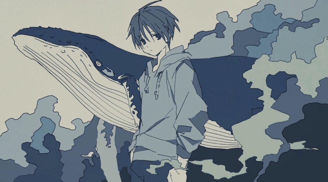 1boy animal blue_theme checo8793 clouds cowboy_shot drawstring expressionless flying_whale hair_between_eyes hood hood_down hoodie long_sleeves looking_at_viewer male_focus monochrome original short_hair solo surreal whale