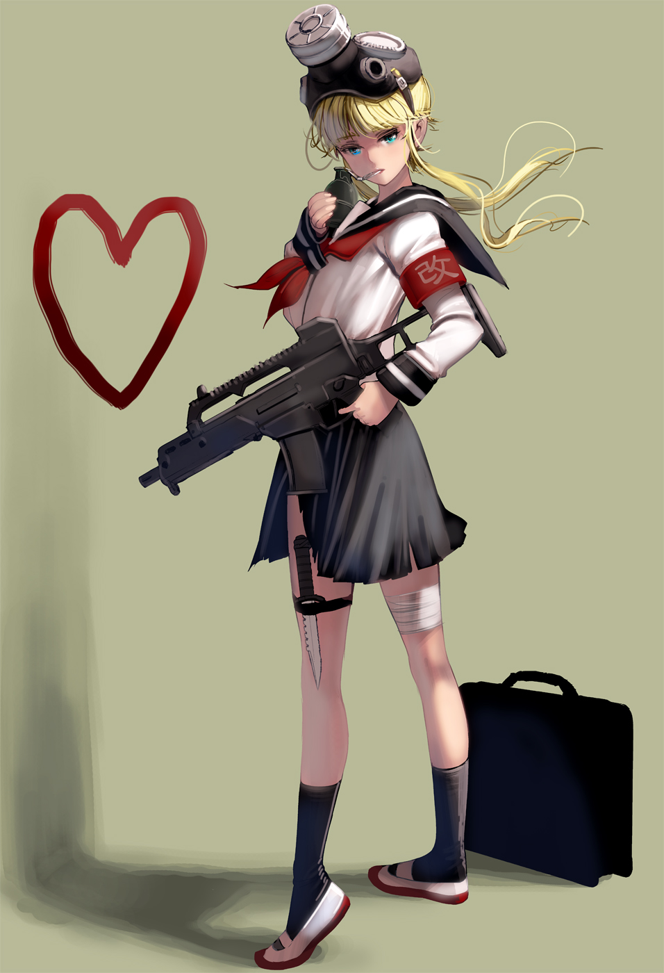 1girl armband bandaged_leg bandages bangs black_skirt blonde_hair blue_eyes explosive from_behind full_body gas_mask green_background grenade gun heart highres holding holding_gun holding_weapon knife looking_at_viewer looking_back masao mask mask_on_head original sailor_collar school_uniform serafuku shirt short_hair_with_long_locks skirt socks solo standing thigh_strap weapon white_shirt