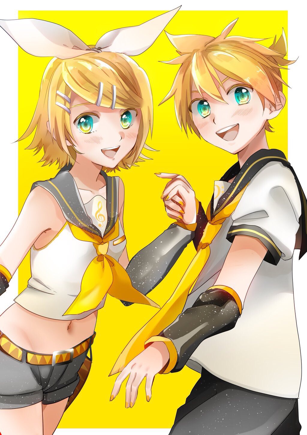 1boy 1girl :d bangs belt_buckle black_shorts black_sleeves blonde_hair blue_eyes blush bow brother_and_sister buckle collarbone crop_top detached_sleeves grey_sailor_collar groin hair_bow highres holding_hands kagamine_len kagamine_rin looking_at_viewer midriff multicolored multicolored_eyes nail_polish navel neckerchief nekosakana open_mouth sailor_collar shiny shiny_hair shirt short_hair short_shorts short_sleeves shorts siblings sleeveless sleeveless_shirt smile stomach swept_bangs two-tone_background vocaloid white_background white_bow white_shirt yellow_background yellow_eyes yellow_nails yellow_neckwear