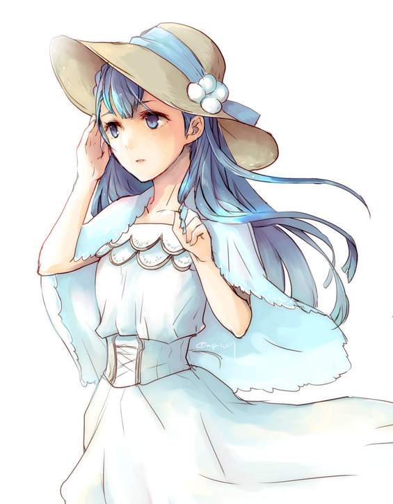 1girl alternate_costume blue_eyes blue_hair dress fire_emblem fire_emblem_echoes:_mou_hitori_no_eiyuuou hat linea_(fire_emblem) long_hair parted_lips robaco simple_background solo sun_hat twitter_username upper_body white_background white_dress