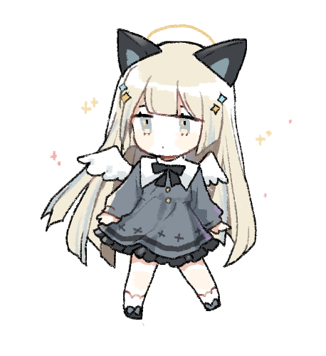 1girl animal_ears bangs black_footwear blonde_hair blush_stickers cat_ears chibi closed_mouth dress eyebrows_behind_hair full_body grey_dress grey_eyes hair_ornament halo long_hair long_sleeves looking_away looking_to_the_side lowres moffle_(ayabi) original shoes simple_background sleeves_past_wrists socks solo standing very_long_hair white_background white_legwear white_wings wings