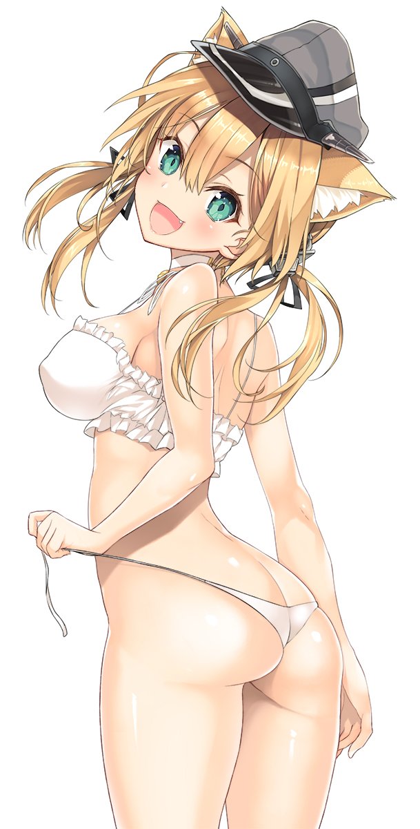 1girl anchor anchor_hair_ornament animal_ear_fluff animal_ears aqua_eyes ass bangs bare_shoulders black_ribbon blonde_hair blush bra breasts cat_ears commentary_request cowboy_shot eyebrows_visible_through_hair fang frilled_bra frills from_behind hair_between_eyes hair_ornament hat highres holding inuzumi_masaki kantai_collection kemonomimi_mode large_breasts long_hair looking_at_viewer low_twintails military_hat open_mouth panties peaked_cap prinz_eugen_(kantai_collection) ribbon side-tie_panties simple_background smile solo standing twintails underwear underwear_only undressing untied untied_panties white_background