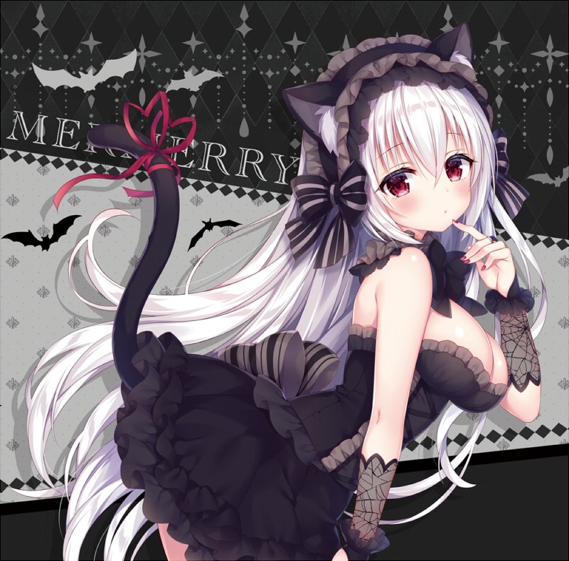 1girl animal animal_ear_fluff animal_ears argyle argyle_background bangs bare_shoulders bat black_bow black_dress black_hairband blush bow breasts bridal_gauntlets cat_ears cat_girl closed_mouth commentary_request dress eyebrows_visible_through_hair finger_to_mouth fingernails frilled_hairband frills hair_between_eyes hairband heart large_breasts long_hair looking_at_viewer looking_to_the_side mitsuba_choco nail_polish original red_eyes red_nails red_ribbon ribbon silver_hair solo strapless strapless_dress tail tail_raised tail_ribbon very_long_hair