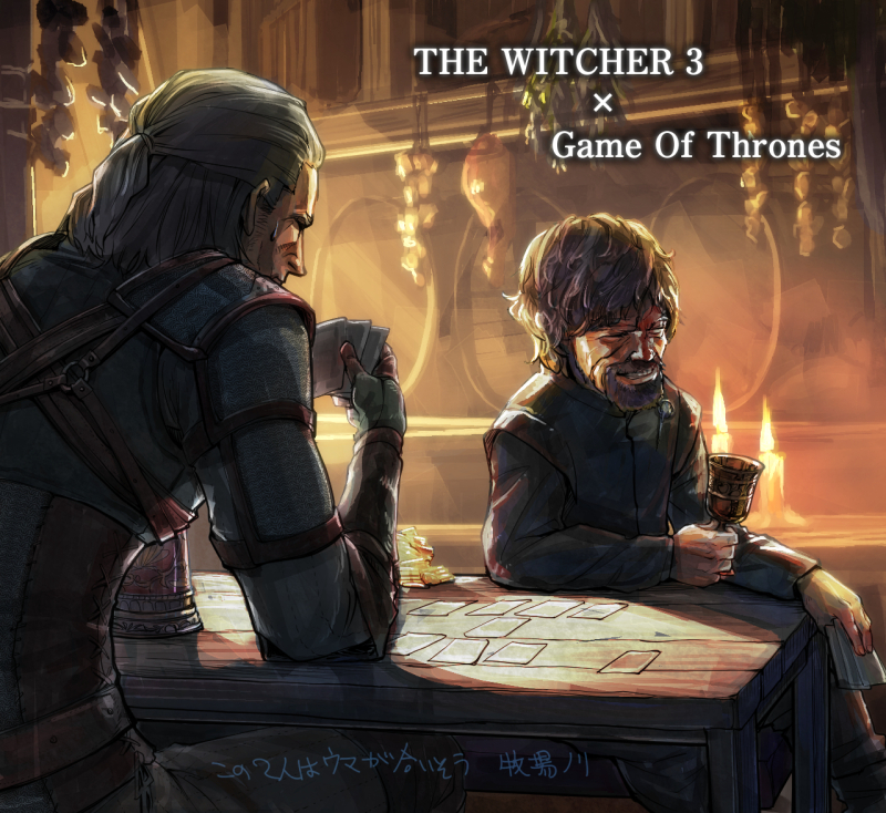 2boys a_song_of_ice_and_fire armor artist_request beard brown_hair card crossover facial_hair geralt_of_rivia gloves imp long_hair male_focus multiple_boys scar scar_across_eye silver_hair smile table the_witcher the_witcher_3 tyrion_lannister white_hair yellow_eyes