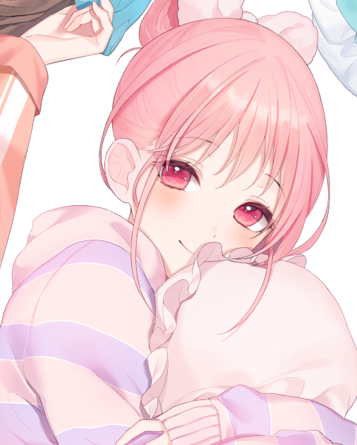 1girl a20_(atsumaru) bangs bow brown_hair closed_mouth commentary_request copyright_request eyebrows_visible_through_hair frilled_pillow frills hair_bow hair_bun hand_up hood hood_down hooded_jacket jacket long_sleeves pillow pillow_hug pink_bow pink_hair red_eyes sidelocks simple_background sleeves_past_wrists smile solo_focus striped_jacket white_background