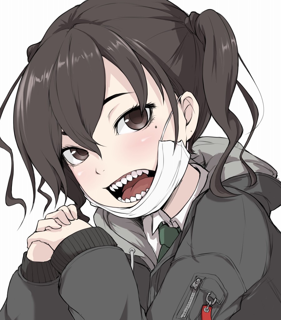 1girl brown_eyes brown_hair close-up green_neckwear hands_clasped hood hooded_jacket idolmaster idolmaster_cinderella_girls ina_(gokihoihoi) jacket mask_pull mole mole_under_eye necktie open_mouth own_hands_together sharp_teeth solo striped sunazuka_akira surgical_mask teeth upper_body white_background