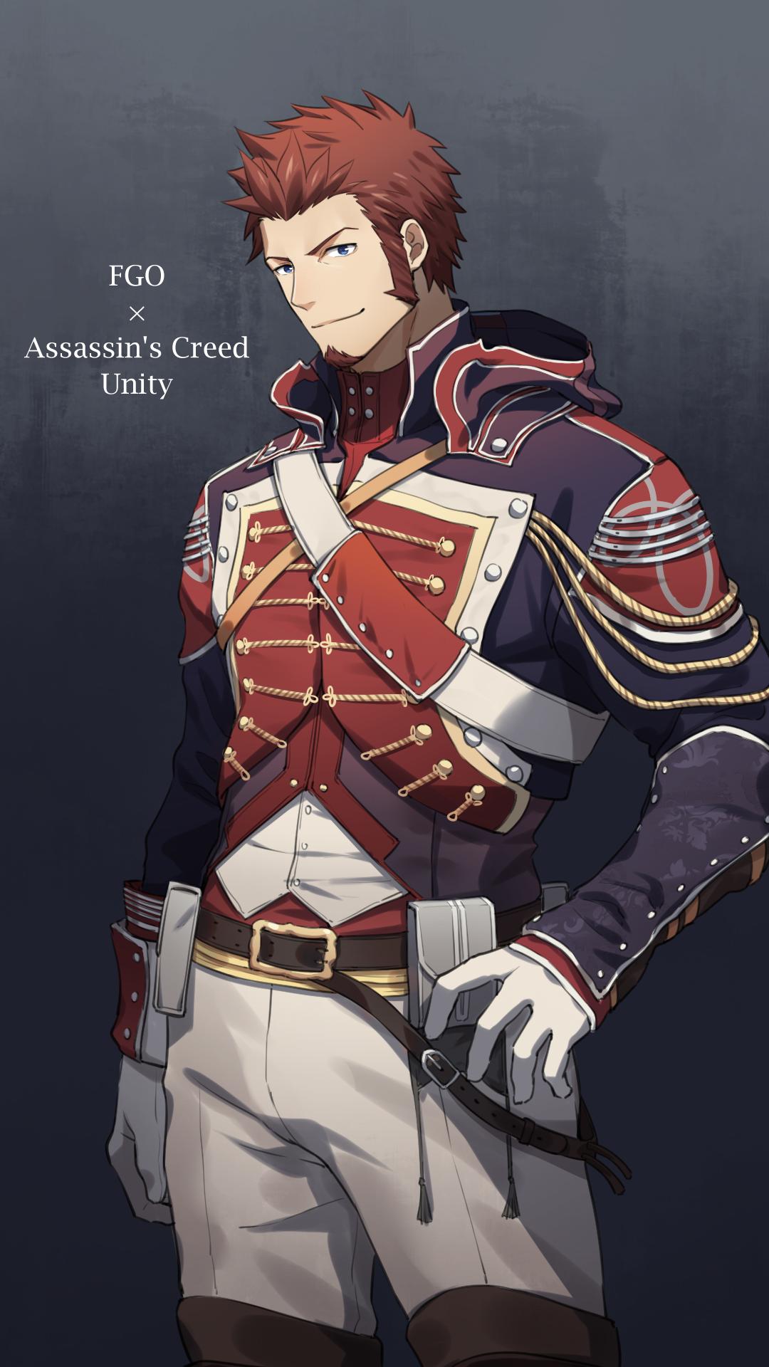 1boy 47_(479992103) assassin's_creed:_unity assassin's_creed_(series) beard blue_eyes brown_hair commentary_request facial_hair fate/grand_order fate_(series) gloves highres hood hood_down hoodie looking_at_viewer male_focus military military_uniform napoleon_bonaparte_(fate/grand_order) pants solo uniform