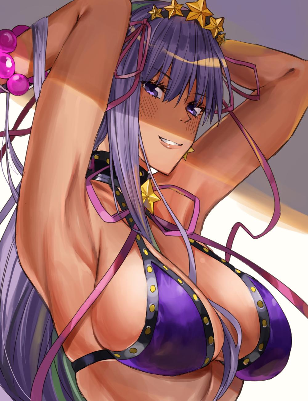 1girl amakaze armpits arms_behind_head arms_up bb_(fate)_(all) bb_(swimsuit_mooncancer)_(fate) bikini blush bracelet breasts collarbone fate/grand_order fate_(series) grin hair_between_breasts hair_between_eyes highres jewelry large_breasts light_rays long_hair looking_at_viewer oekaki purple_bikini purple_hair shiny shiny_hair sideboob smile solo swimsuit tan tiara upper_body violet_eyes