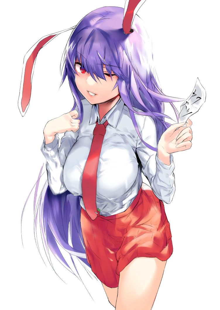 1girl animal_ears asuzemu bangs breasts commentary_request cowboy_shot eyebrows_visible_through_hair grin hair_between_eyes hands_up holding holding_paper large_breasts long_hair long_sleeves looking_at_viewer miniskirt necktie one_eye_closed paper purple_hair rabbit_ears red_eyes red_neckwear red_skirt reisen_udongein_inaba shirt simple_background skirt smile solo standing thighs touhou translation_request very_long_hair white_background white_shirt
