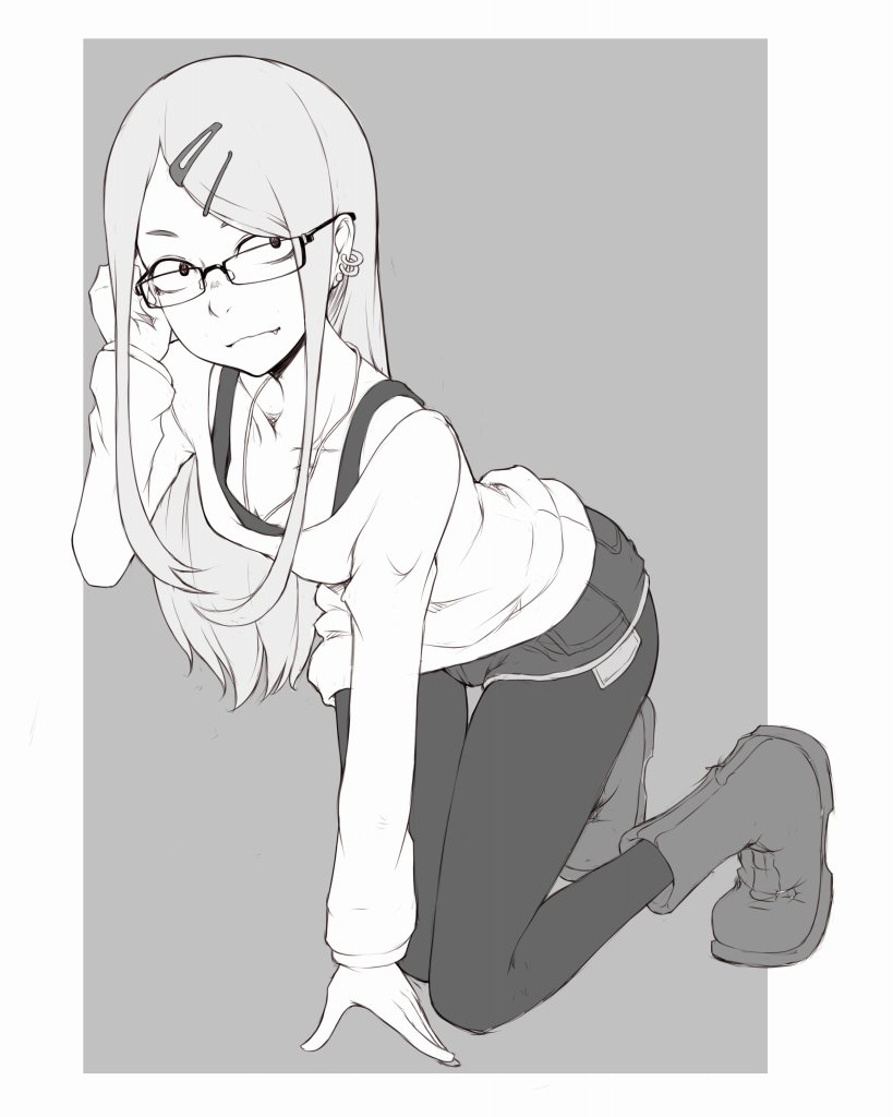 1girl arm_support boots bra bra_strap closed_mouth collarbone dagashi_kashi earrings endou_saya eyebrows fang glasses greyscale hair_ornament hairclip ina_(gokihoihoi) jewelry kneeling long_hair long_sleeves looking_at_viewer monochrome smile solo underwear