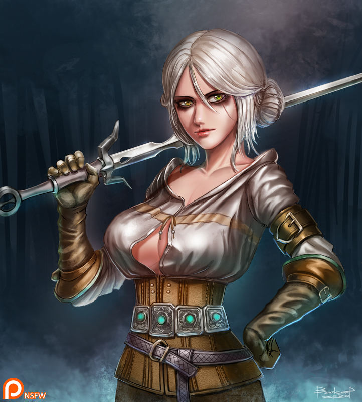 1girl badcompzero breasts ciri freckles gloves green_eyes jewelry lips long_hair looking_at_viewer makeup medium_breasts scar short_hair silver_hair solo sword the_witcher the_witcher_3 weapon