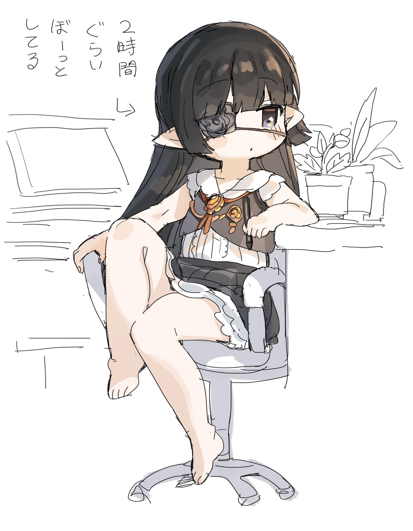 1girl bangs bare_arms barefoot black_eyes black_hair black_skirt blush_stickers center_frills chair closed_mouth collarbone commentary directional_arrow eyebrows_visible_through_hair eyepatch frills full_body granblue_fantasy hair_between_eyes harvin highres holding holding_stylus knee_up long_hair looking_away looking_to_the_side lunalu_(granblue_fantasy) office_chair on_chair plant pointy_ears potted_plant shirt sitting skirt sleeveless sleeveless_shirt solo spawnfoxy stylus translated very_long_hair white_background white_shirt