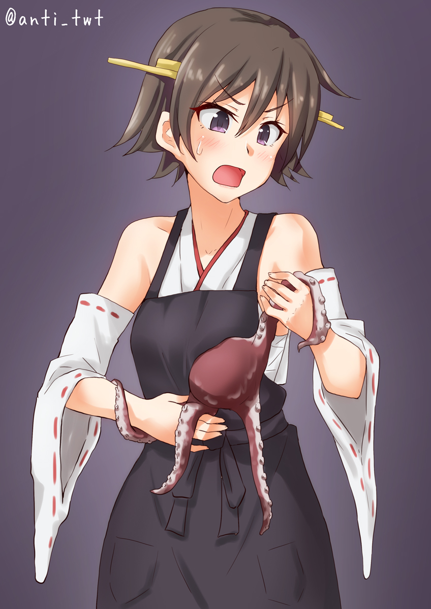 ahoge anti_(untea9) apron bare_shoulders brown_hair detached_sleeves hairband headgear hiei_(kantai_collection) highres japanese_clothes kantai_collection long_hair octopus open_mouth short_hair sweat tentacles twitter_username