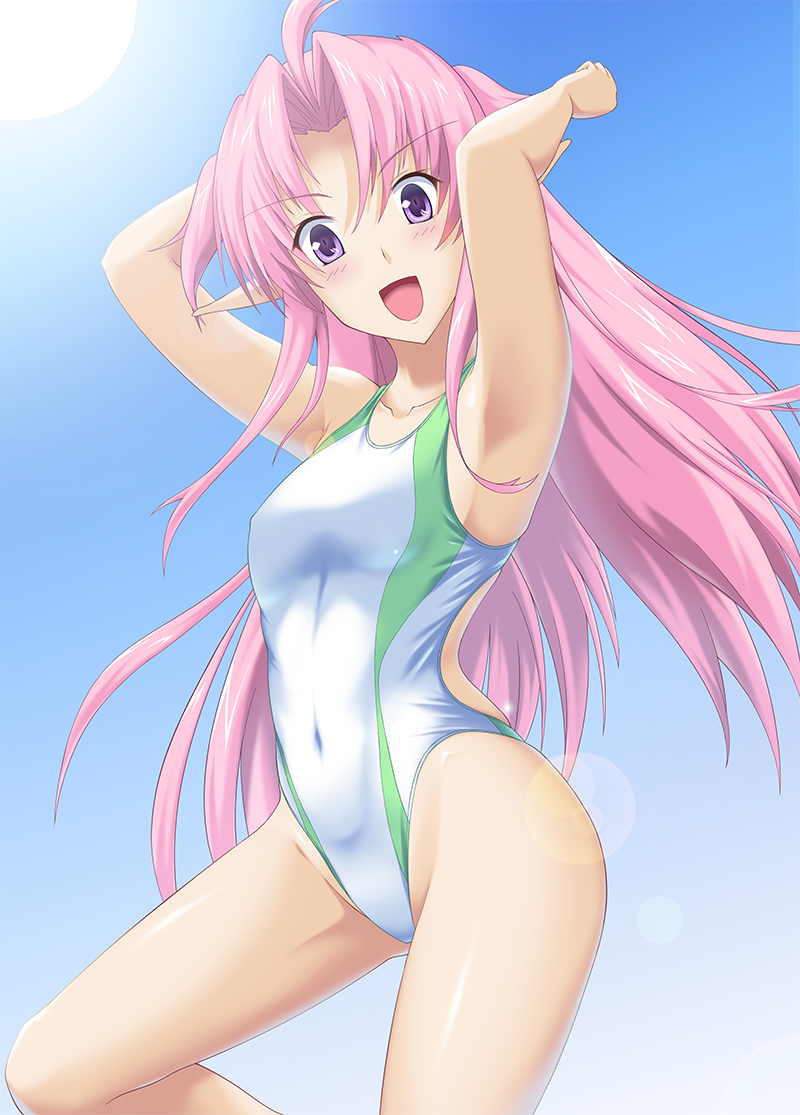 1girl alicesoft arms_behind_head blue_sky breasts collarbone commentary_request competition_swimsuit covered_navel cowboy_shot eyebrows_visible_through_hair gradient_sky highleg highleg_swimsuit liliam_mcbarn long_hair looking_at_viewer mottio one-piece_swimsuit pastel_chime_3 pink_eyes pink_hair pointy_ears sky small_breasts solo sun swimsuit violet_eyes white_swimsuit