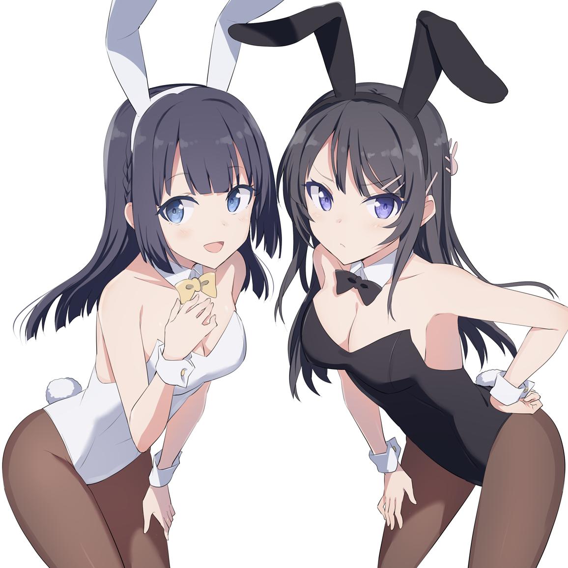 2girls animal_ears black_hair black_leotard black_neckwear blue_eyes bow bowtie brown_legwear bunny_girl bunny_hair_ornament bunny_tail bunnysuit collar cowboy_shot detached_collar fake_animal_ears gochou_(atemonai_heya) hair_ornament hand_on_hip leaning_forward leotard long_hair makinohara_shouko multiple_girls pantyhose rabbit_ears sakurajima_mai seishun_buta_yarou simple_background strapless strapless_leotard tail white_background white_collar