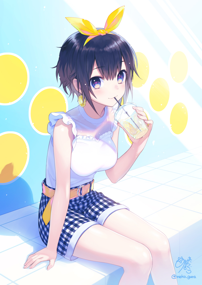 1girl :3 belt black_hair blue_eyes blue_shorts blush breasts closed_mouth commentary_request cup disposable_cup drinking earrings eyebrows_visible_through_hair food_themed_earrings hair_ribbon hairband holding holding_cup jewelry lemon_earrings medium_breasts nekokan_masshigura on_floor original plaid plaid_shorts ribbon shirt short_hair shorts sitting sleeveless sleeveless_shirt smile solo twitter_username white_shirt yellow_hairband yellow_ribbon