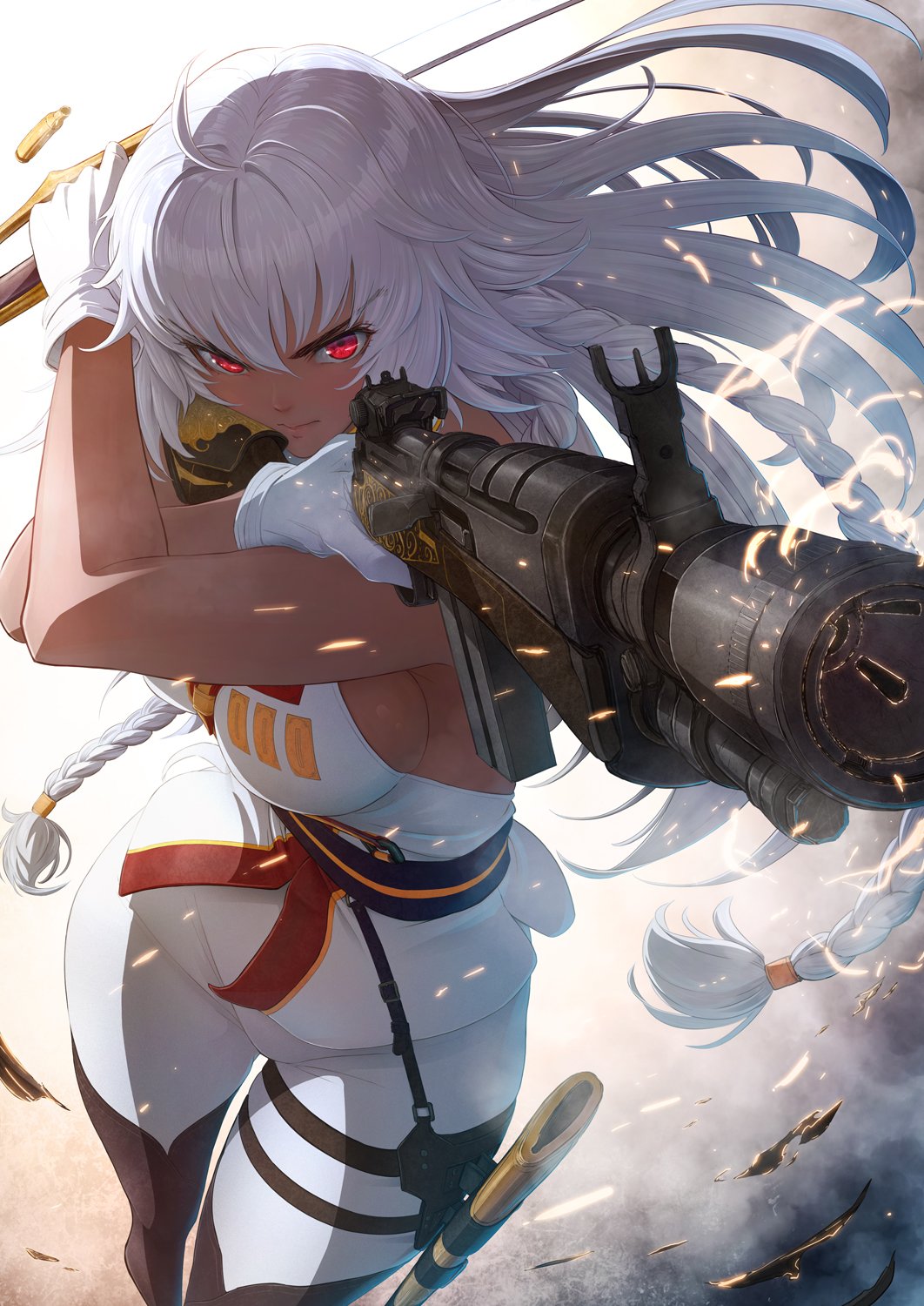 1girl aiming bare_shoulders battle_rifle boots braid breasts cartridge commentary dark_skin engraved eyebrows_visible_through_hair fate/grand_order fate_(series) finger_on_trigger frown gloves glowing glowing_eyes gun hair_between_eyes highres holding holding_rifle holding_sword holding_weapon imizu_(nitro_unknown) lakshmibai_(fate/grand_order) legs legs_together long_hair looking_at_viewer m14 red_eyes rifle sheath sideboob simple_background skin_tight sleeveless solo sparks sword tan thigh-highs thigh_boots twin_braids very_long_hair weapon white_background white_gloves white_hair