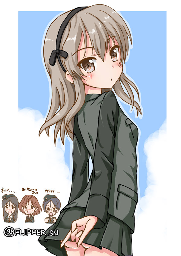 4girls \n/ ass azumi_(girls_und_panzer) bangs beret black_hair black_headwear black_jacket black_ribbon black_skirt blush brown_hair chibi chibi_inset closed_mouth commentary cowboy_shot emblem eyebrows_visible_through_hair female_pervert flipper from_behind girls_und_panzer glasses grey_hair hair_intakes hair_ribbon hat jacket japanese_tankery_league_(emblem) light_blush light_brown_eyes light_brown_hair light_frown long_hair long_sleeves looking_at_viewer looking_back megumi_(girls_und_panzer) military military_uniform miniskirt multiple_girls no_emblem one_side_up open_mouth pervert pleated_skirt ribbon round_eyewear rumi_(girls_und_panzer) selection_university_military_uniform shimada_arisu skirt smile standing swept_bangs translated twitter_username uniform