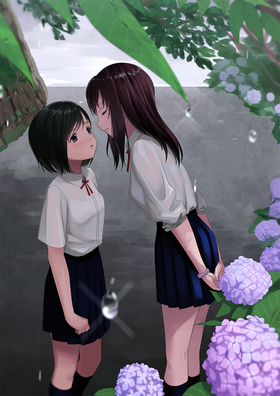 2girls blush bracelet closed_eyes droplet flower grey_sky highres hydrangea imminent_kiss jewelry kneehighs long_hair looking_at_another mueririko multiple_girls original outdoors school_uniform shirt short_hair skirt standing white_shirt yuri