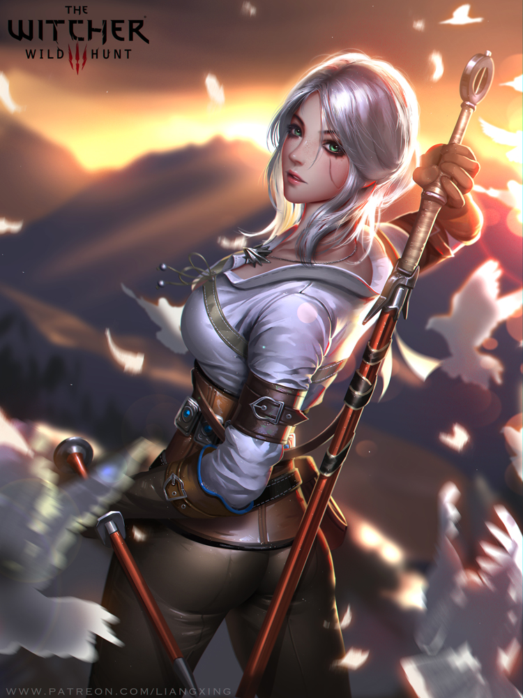 1girl ass breasts ciri freckles gloves green_eyes jewelry liang_xing lips long_hair looking_at_viewer makeup medium_breasts necklace pants scar short_hair silver_hair solo sunset sword the_witcher the_witcher_3 weapon