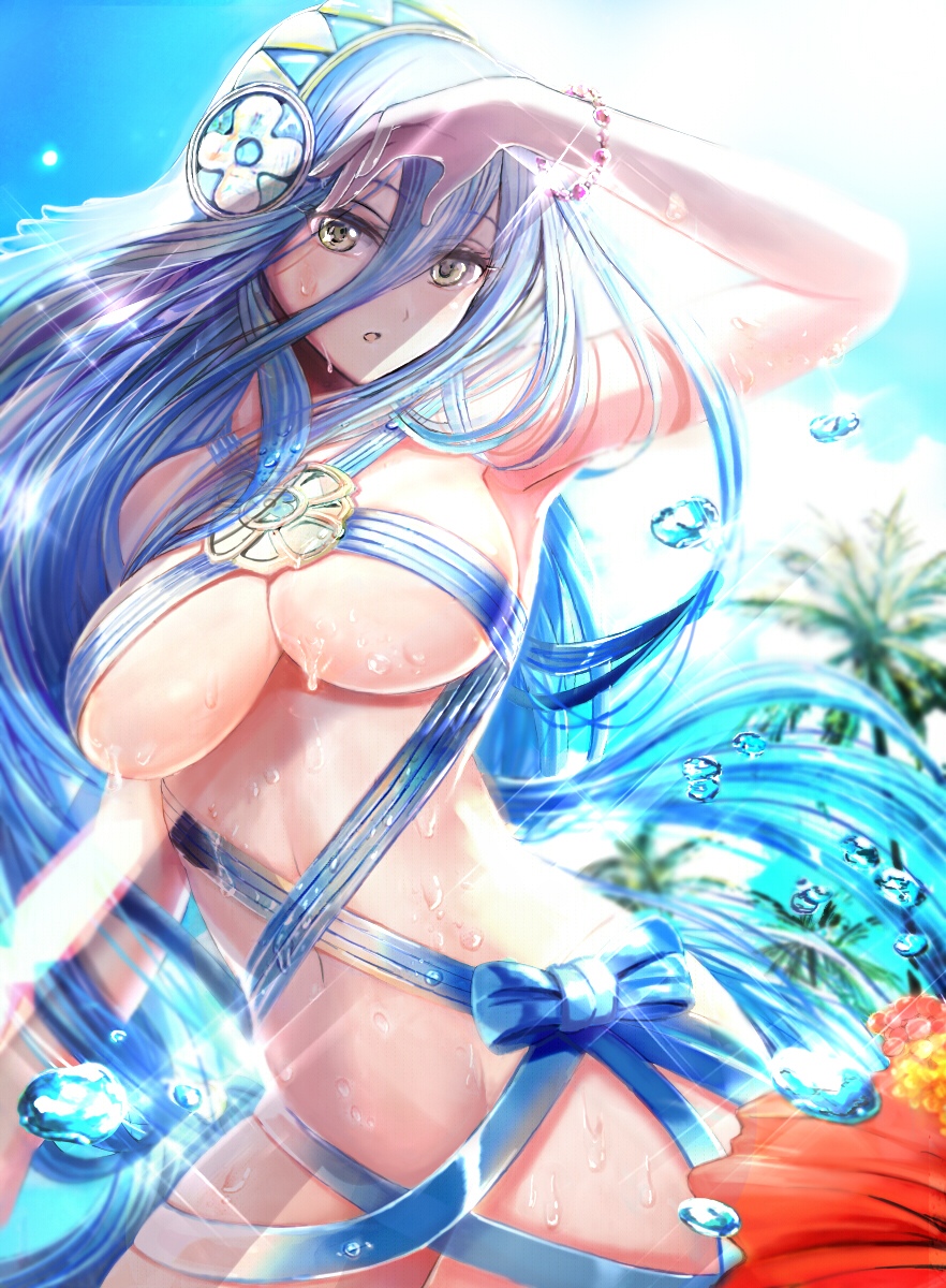 1girl aqua_(fire_emblem_if) bead_bracelet beads blue_hair blue_ribbon blue_sky bracelet breasts fire_emblem fire_emblem_if flower hair_between_eyes highres jewelry large_breasts long_hair navel open_mouth palm_tree ribbon sky solo tongari tree under_boob veil wet yellow_eyes