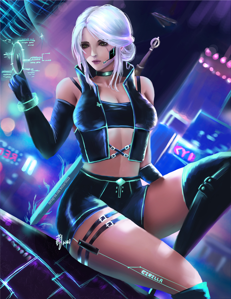 1girl artist_request breasts ciri cyberpunk fantasy freckles green_eyes highres jewelry lips long_hair looking_at_viewer medium_breasts scar short_hair shorts silver_hair solo the_witcher the_witcher_3