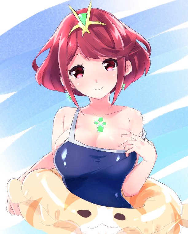 1girl beach breasts covered_navel earrings gem headpiece pyra_(xenoblade) jewelry large_breasts looking_at_viewer madanai_(morisumeshi) one-piece_swimsuit red_eyes redhead short_hair simple_background solo swimsuit tiara tora_(xenoblade) water xenoblade_(series) xenoblade_2