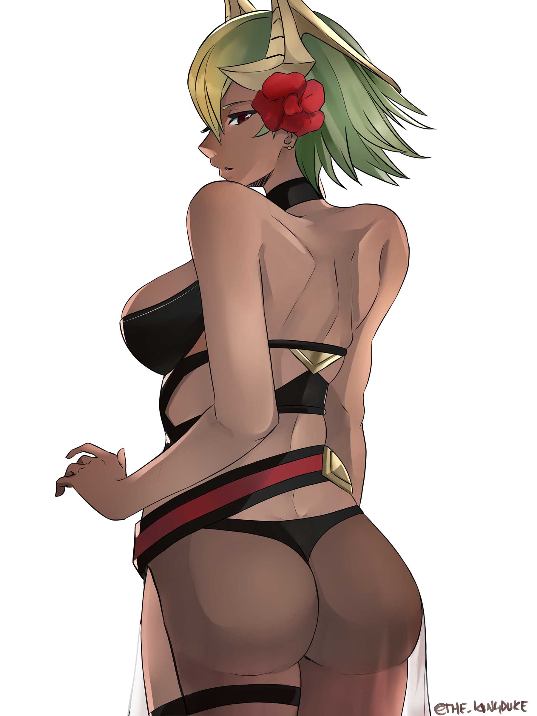 1girl absurdres ass black_swimsuit breasts dark_skin earrings fire_emblem fire_emblem_heroes flower from_behind green_hair hair_flower hair_ornament highres jewelry laegjarn_(fire_emblem_heroes) large_breasts looking_back parted_lips red_eyes sarong see-through short_hair simple_background solo swimsuit the_kingduke twitter_username white_background