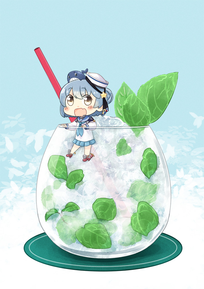 1girl bangs blue_hair blue_sailor_collar blush chibi commentary_request cup dixie_cup_hat double_bun drink drinking_glass drinking_straw eyebrows_visible_through_hair fang hair_between_eyes hat hinata_yuu ice ice_cube kantai_collection leaf long_sleeves looking_at_viewer military_hat mint neckerchief open_mouth pleated_skirt sailor_collar samuel_b._roberts_(kantai_collection) school_uniform serafuku shirt short_hair skirt smile whale white_headwear white_shirt yellow_eyes