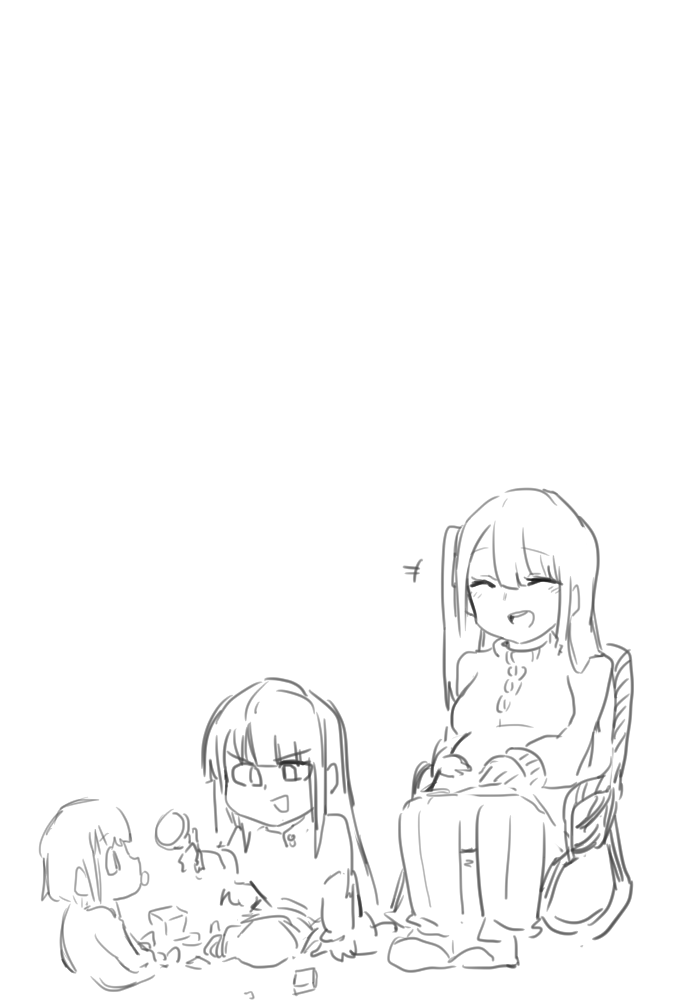 2poet 3girls :d ^_^ ^o^ baby chair closed_eyes girls_frontline monochrome multiple_girls open_mouth pregnant rocking_chair simple_background sitting smile wa2000_(girls_frontline) wariza white_background