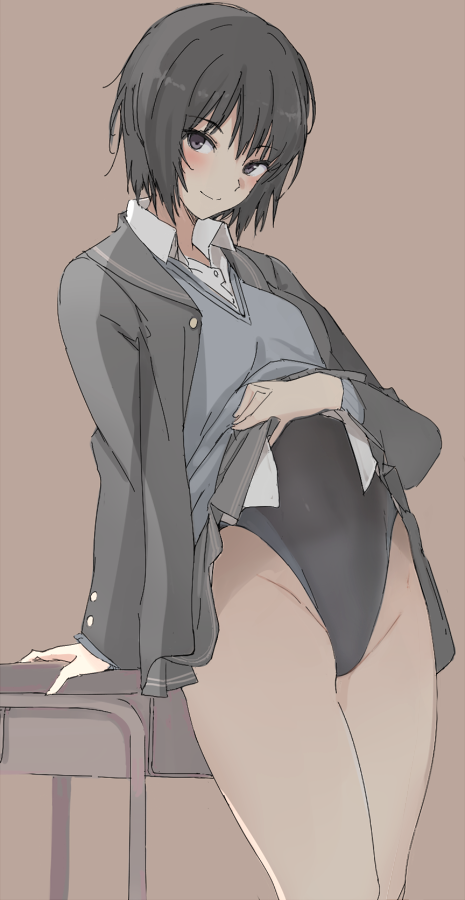 1girl amagami black_eyes black_hair black_swimsuit bob_cut brown_background competition_swimsuit cowboy_shot desk grey_blazer grey_sailor_collar grey_skirt kibito_high_school_uniform lifted_by_self mobu nanasaki_ai one-piece_swimsuit pleated_skirt sailor_collar school_desk school_uniform short_hair simple_background skirt skirt_lift solo standing swimsuit swimsuit_under_clothes