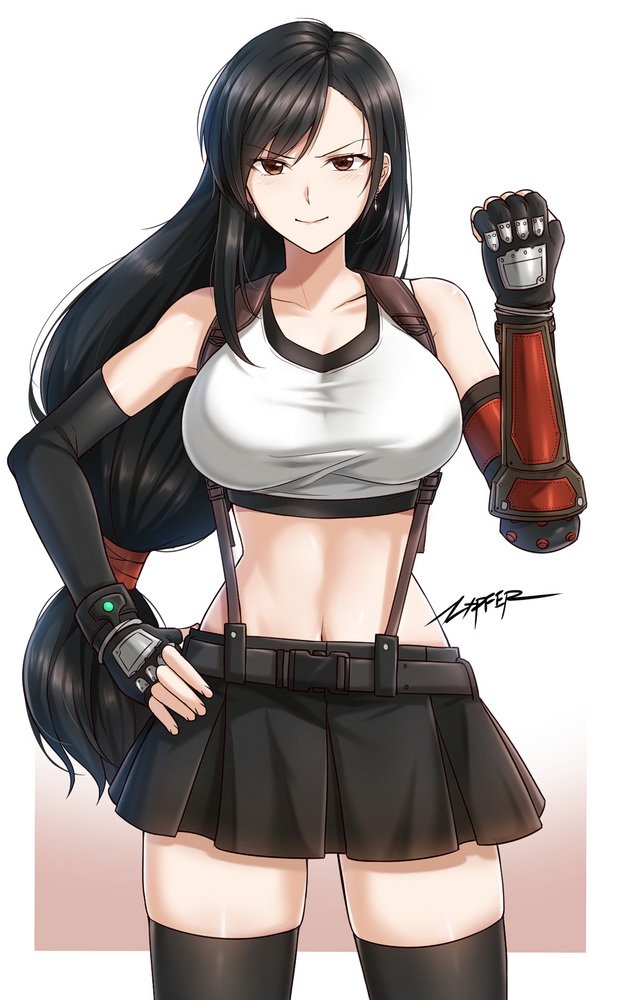 1girl black_hair black_skirt breasts brown_eyes clenched_hand collarbone earrings elbow_gloves final_fantasy final_fantasy_vii final_fantasy_vii_remake fingerless_gloves gloves hand_on_hip jewelry long_hair looking_at_viewer low-tied_long_hair midriff miniskirt navel pleated_skirt simple_background skirt smile solo suspender_skirt suspenders tank_top thigh-highs tifa_lockhart undershirt zxpfer